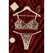 Dantel Işlemeli Transparan Çiçek Desenli Bralet ve String Takım