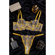 Sarı Çiçek Işlemeli Transparan Dantel Sütyen & String Takım