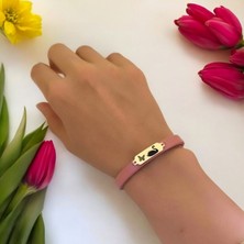 14 Ayar Altın Plakalı Kuğu Temalı Koyu Pembe Derili Kelebek Motifli Hediye BILEKLIK-654SEMBOL