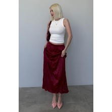 Bordo Kırışık Desen Kadın Saten Etek MG2468