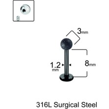 %100 Cerrahi Çelik Siyah Cancanlı Labret Piercing-Dudak-Top Çapı 3 Mm- Bar Uzunluğu 8mm-1 Adet