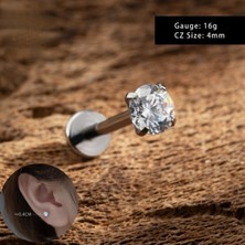 Bylin %100 316 L Cerrahi Çelik Tek Taş Dudak/kulak Piercing Takısı (Taş Çapı 4mm)Bar boy 6mm -1 Adet