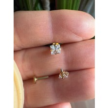 Cerrahi Çelik Kare Zirkon Taşlı Tek Taş Labret Piercing, Tragus, Helix, Lobe -Taş 4mm/bar 6mm-1 Adet
