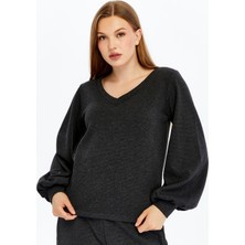 Defy's Kadın Antrasit V Yaka Balon Kol Yumuşak Dokulu Bluz