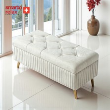 Smarto Relax Swiss Style puf , Appenzell Kapitone Sandıklı  Puf, Babyface Kaplama, 100x40x45 cm, Ahşap Ayaklı ,Sandıklı Dekoratif  Puf(Ekru)
