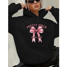 Pertty Gırls Yazı Detay Baskılı Içi Polarlı Kapüşonlu Sweatshirt