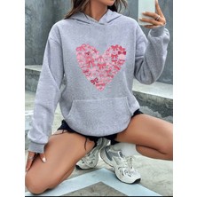 Kalp Fiyonk  Baskılı Içi Polarlı Kapüşonlu Sweatshirt