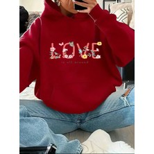 Love Yazı Detay Baskılı Içi Polarlı Kapüşonlu Sweatshirt
