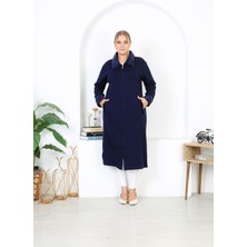 Kadın Büyük Beden Lacivert Çelik Örgü Triko Astarsız Cepli Uzun Mont 65N38455