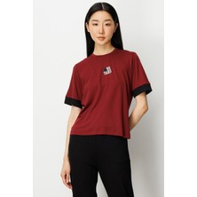 On Önü Taşlı Sıfır Yaka Bluz Bordo-Siyah 61331
