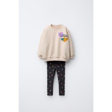 Kız Çocuk Pamuklu Bej Kalpli Sweatshirt ve Renkli Kalpli Siyah Tayt Takım
