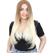 AyrStore Fiber Sentetik Uzun Düz Peruk / Balköpüğü / Platin Ombreli