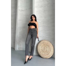 Kazax Mom Fit Enzim Taş Yıkama Jeans Pantolon Füme D2006
