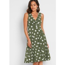 Kadın Büyük Beden Haki, Puan Desenli Anvelop Arka Bel Lastik Detaylı Elbise 65N19620