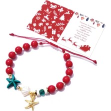 Funny Takı Yılbaşı Kartlı Deniz Yıldızlı Deniz Kabuklu Kırmızı Boncuklu Yılbaşı Bileklik