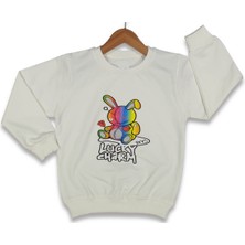 Kız Çocuk Önü Kolu Renkli Ayıcık Desenli Ekru Renk Sweatshirt