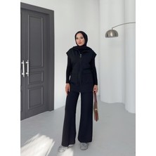 Kadın Siyah Yelek Pantolon Ikili Takım | %100 Pamuk | Rahat Kesim | Lastikli Bel | 4 Mevsim - Günlük