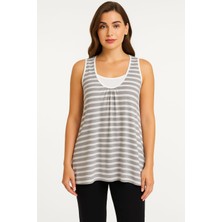 Kadın Büyük Beden Gri, Içi Yarım Atletli, Sırt Detaylı Çizgili Bluz 65N39151