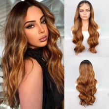 AyrStore Siyah Karamel Balköpüğü Ombre Fiber Sentetik Geniş Dalgalı Tül Peruk