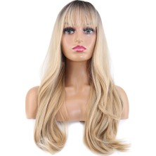 AyrStore Doğal Dalgalı Perçemli Fiber Sentetik Uzun Boy Peruk / Kumral / Platin Ombre ve Röfleli