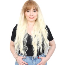 AyrStore Perçemli Uzun Su Dalgası Fiber Sentetik Peruk / Balköpüğü / Platin Kısa Ombreli