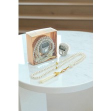 Hediyelik Taşlı Zikirmatik ve 99 Lu Inci Tesbih Kutulu Set - Beyaz