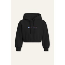 Kız Çocuk Kapşonlu Crop Sweatshirt - Siyah