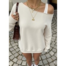 Kadın Düz Ekru Oversize Sweatshirt Sokak Stili, Rahat Kesim