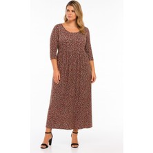 Kadın Büyük Beden Kırmızı, Bel Lastik Detaylı Bisiklet Yaka Viskon Cepli Elbise 65N39120