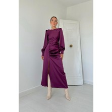 Markano Yanı Büzgülü Yırtmaçlı Saten Elbise