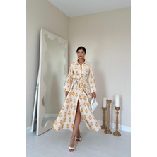 Markano Desenli ve Önü Düğmeli Keten Elbise