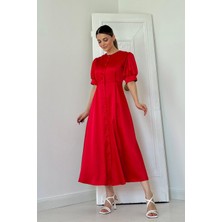 Markano Düğme Kapamalı Saten Elbise