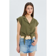 4555 Kadın Önü Bağlamalı Müslin Crop Gömlek Haki