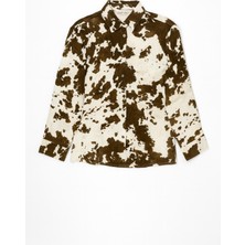 4657 Kadın Büyük Cow Desenli Saten Gömlek Kahve