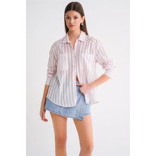 4650 Kadın Robalı Hafif Transparan Çizgili Basic Gömlek Pembe