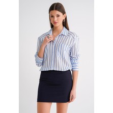 4650 Kadın Robalı Hafif Transparan Çizgili Basic Gömlek Bebe Mavi