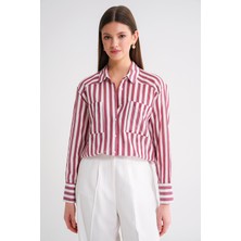 4650 Kadın Robalı Hafif Transparan Çizgili Basic Gömlek Bordo