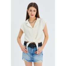 4555 Kadın Önü Bağlamalı Müslin Crop Gömlek Naturel
