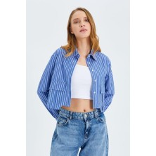 4479 Kadın Çizgili Crop Gömlek Koyu Mavi