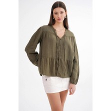 4563 Kadın Yakası Bağlamalı Kolu Lastikli Bol Müslin Gömlek Haki