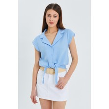 4555 Kadın Önü Bağlamalı Müslin Crop Gömlek Bebe Mavi