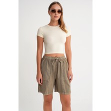 4732 Kadın Şehir Boy Parça Boyalı Basic Şort Antik Vizon