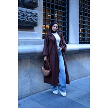 Kadın Tesettür Giyim Uyumlu Oversize Bağlamalı Trençkot | V Yaka | Kemer | Çift Cep | Uzun