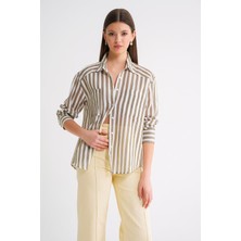 4650 Kadın Robalı Hafif Transparan Çizgili Basic Gömlek Haki