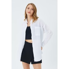 3833 Kadın Oversize Cepli Müslin Gömlek Beyaz