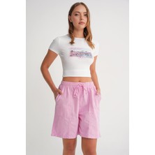 4732 Kadın Şehir Boy Parça Boyalı Basic Şort Pembe