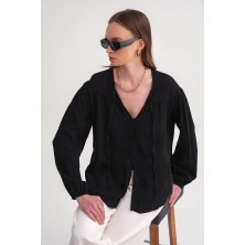 4563 Kadın Yakası Bağlamalı Kolu Lastikli Bol Müslin Gömlek Siyah