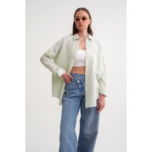 3833 Kadın Oversize Cepli Müslin Gömlek Adaçayı