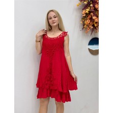 VL1207 Kolsuz Vual Mini Elbise Kırmızı