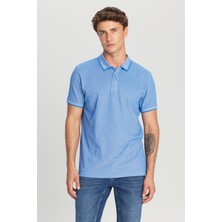 Altınyıldız Classics Erkek Çekmeyen Pamuklu Kumaş Slim Fit Dar Kesim Saks-Beyaz Kıvrılmaz Polo Yaka Tişört